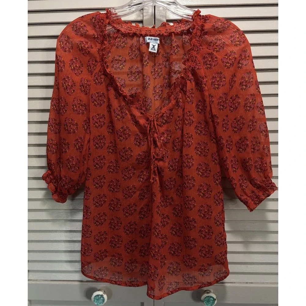 Old Navy Blouse Size XS Orange/Purple Floral Tie/Smocked Neck 1/2 Puff Sl Sheer